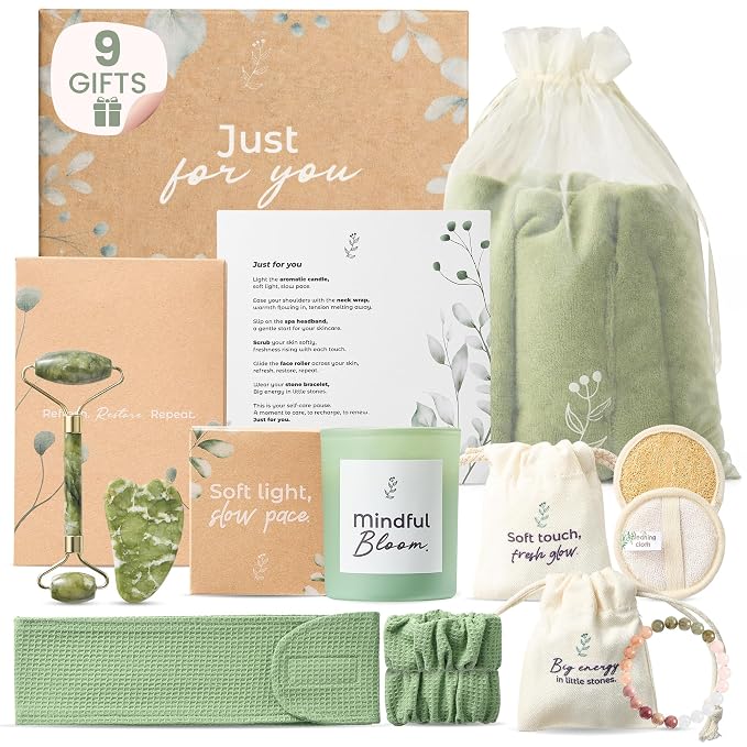 Birthday Gift Set for Women, Self Care Gift Baskets for Women with Neck Wrap, Spa Head Band & Bracelet, Face Roller, Gua Sha, Face Scrubbers, Aromatic Candle and Healing Stone Bracelet, Self Care Kit.