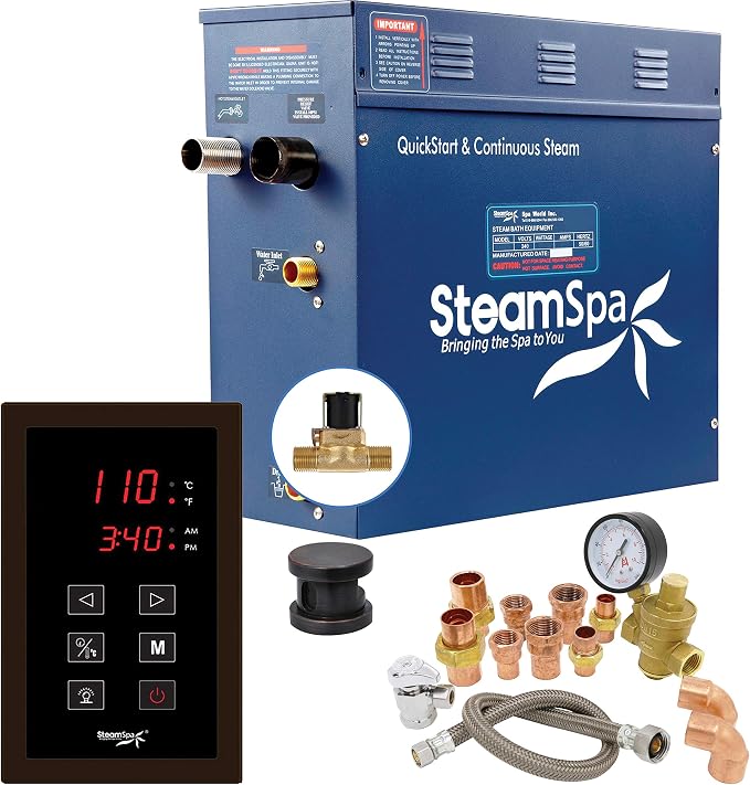 4.5kW Steam Sauna Generator Premium Bundle 240V Steam Generator with Touch Pad Control, Steamheads, Pressure Relief Valve, Built-in Auto Drain and Plumber Quick Install Kit PRT450OB-A