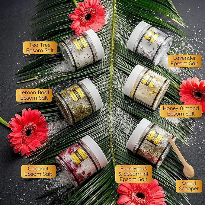 Gifts for Women Who Have Everything Spa Gift Basket, Epsom Bath Salts Gift Basket Set, Self Care Salt W/Essential Oil, Gifts for Mom, Her, Lavender, Eucalyptus, Lemon, Coconut, Tea Tree, Honey Almond