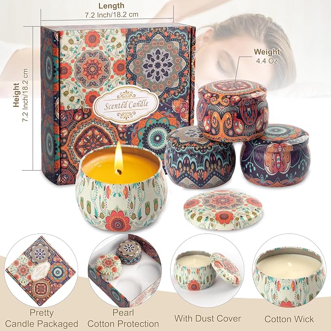 Scented Candles Gift Set - Women Candle Natural Soy Wax Aromatherapy Candle Stress Relief Small Gifts 120H Burning Candles 4 Pack 4.4 Oz for Home Christmas Birthday Mum Teacher Mothers Day
