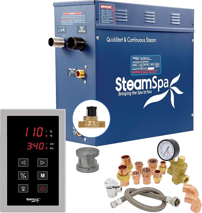 7.5kW Steam Sauna Generator Premium Bundle 240V Steam Generator with Touch Pad Control, Steamheads, Pressure Relief Valve, Built-in Auto Drain and Plumber Quick Install Kit PRT750BN-A