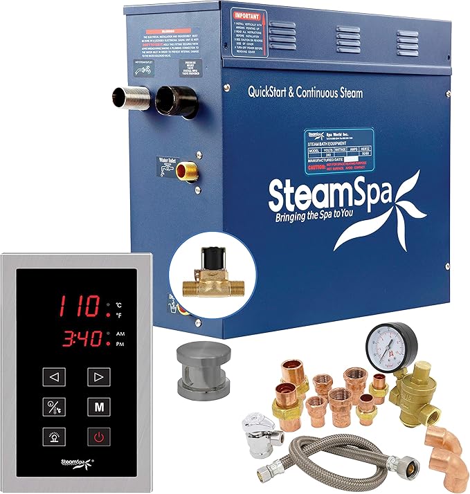 9kW Steam Sauna Generator Premium Bundle 240V Steam Generator with Touch Pad Control, Steamheads, Pressure Relief Valve, Built-in Auto Drain and Plumber Quick Install Kit PRT900BN-A