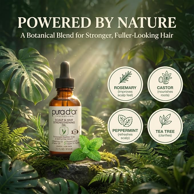PURA D'OR Scalp & Hair Strengthening Oil Supports Optimal Growth, Reduce Breakage, Nourish Roots for Healthier, Fuller, Thicker Hair - Rosemary, Castor & Peppermint Oil: 3.3 Oz Hair Regrowth Tonic