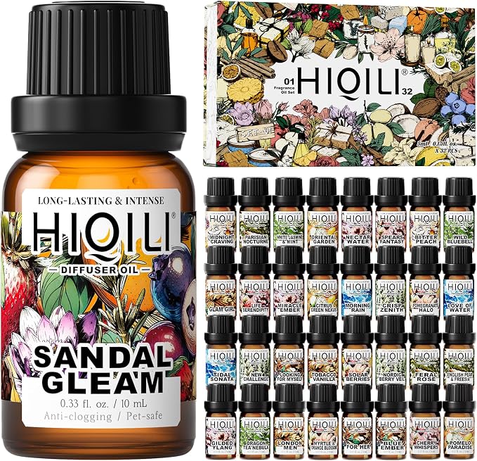 HIQILI 10ML Sandal Gleam Fragrance Oil & 5ML*32 Fragrance Oil Gift Set, for Diffuser, DIY