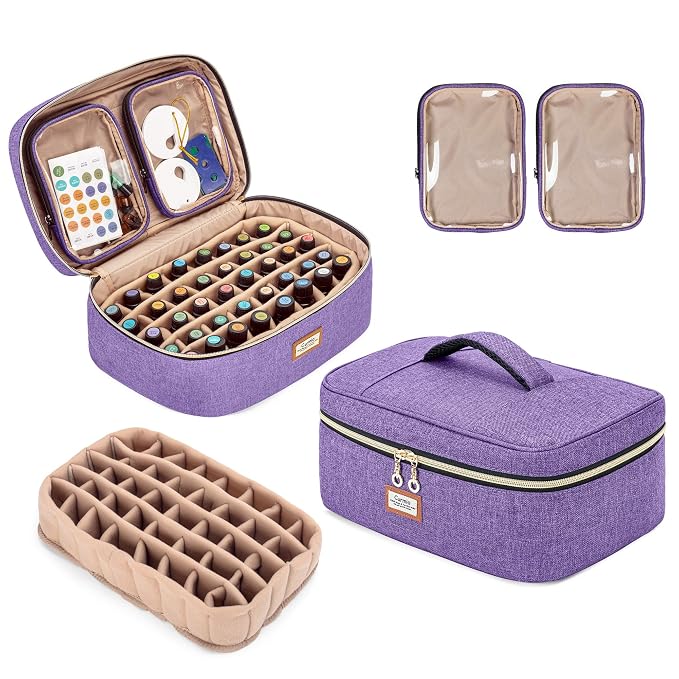 CURMIO Essential Oil Storage Case for 40 Bottles (5ml-30ml), Essential Oils Organizer Case with 2 Detachable Visible Pouches and Portable Handle, Patented Design, Purple (Bag Only)