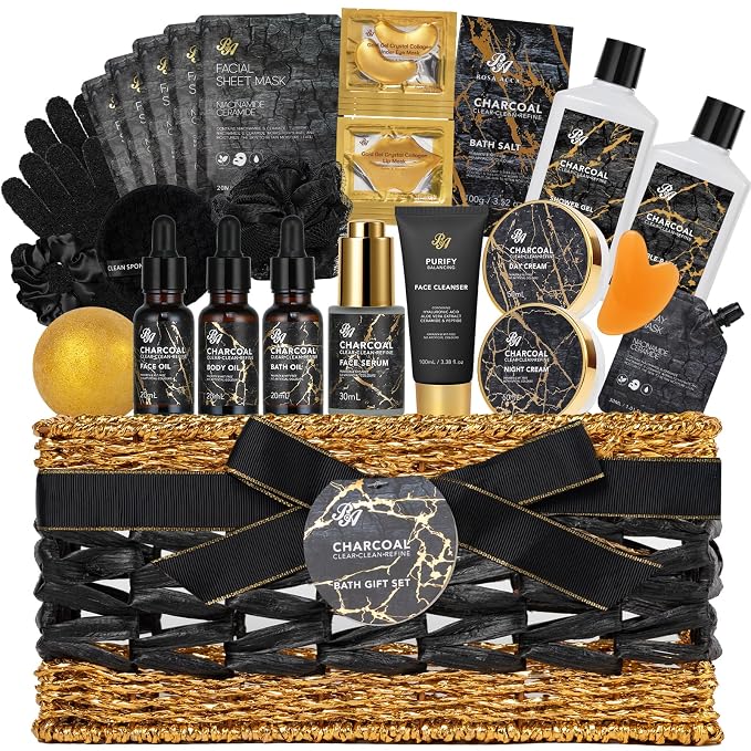 Gifts for Women & Men, Charcoal 32 Pcs Bath & Body Gift Basket for Women & Men, Hydrating Face Skin Care Set, Self-Care Relaxation Basket Gifts, Bath Bomb, Birthday, Christmas, Anniversary, Dad, Mom