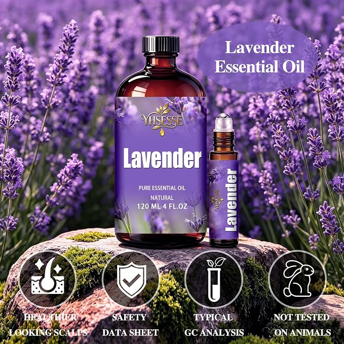 Lavender Essential Oil, Lavender Oil 4 Fl Oz 120ml for Diffuser Yoga Soap & Candle Making – with 0.33 Oz Roller Ball & Dropper YHSESSE Essential Oils