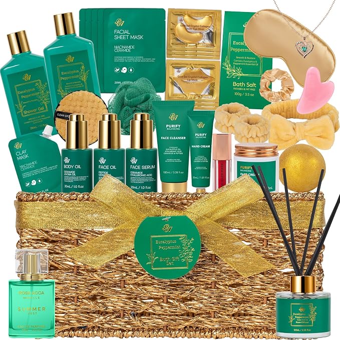35 Pcs Mother's Day Gift, Eucalyptus Bath & Body Gift Basket for Women, Self-Care Relaxation Basket Set, Face Skin Care Kit, Home Spa Gift, Face Oil, Birthday, Christmas, Anniversary
