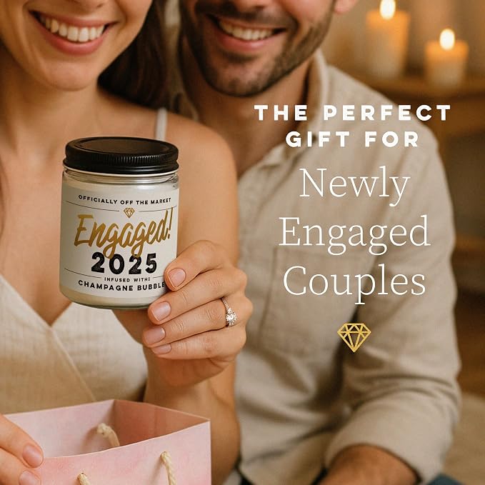 WAX & WIT 2025 Engagement Candles Gifts for Couples - Scented with Champagne Bubbles - Newly Engaged Couples, Bridal Shower, Bride to Be - 9oz, Soy Wax, 50 Hour Burn, Premium Candle