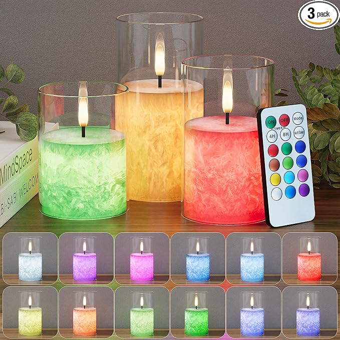 VIODAIM 12Colors Ice Crystal Real Wax Glass Flameless Candles with Remote & Timer, Battery Operated Candles with Warm Flickering Flame, Realistic LED Candle for Wedding Home Decor [D3×H4/5"/6"] 3Pack