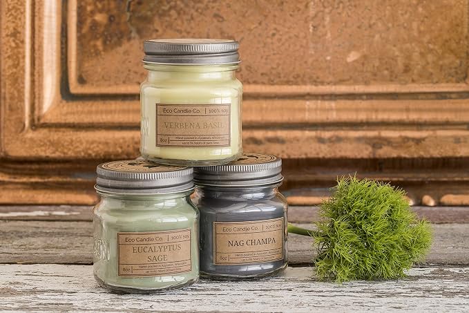 ECO CANDLE CO. Mason Jar Candle, Verbena Basil, 8 oz. - Scents of Lemons, Verbena, Basil, & Cedar - 100% Soy Wax, No Lead, Kraft Label & Antiqued Pewter Lid, Hand Poured, Midwest Grown Soybeans