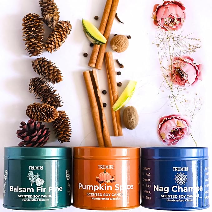 Balsam Fir Pine, Pumpkin Spice, Nag Champa - Soy Candles Non Toxic - Highly Scented Long Lasting with Essential Oils - Variety Pack of 3 x 5oz - for Home Aromatherapy Meditation Gift Travel