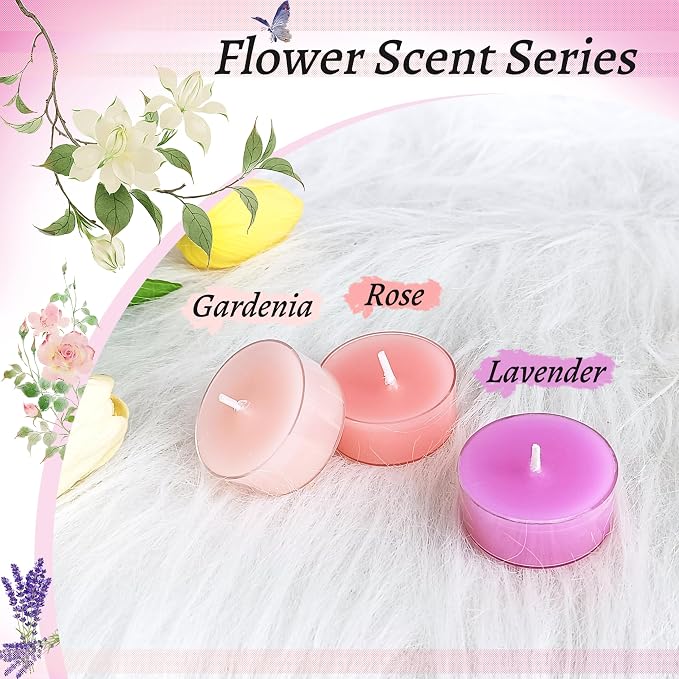 Floral Scented Tealight Candles, Lavender Rose Gardenia Scent Tea Lights Candles Clear Cup, 24 Pack Colored Tealights Candle, 6 Hour Burn Time Tea Candles for Party, Decor, Spa, Shabbat