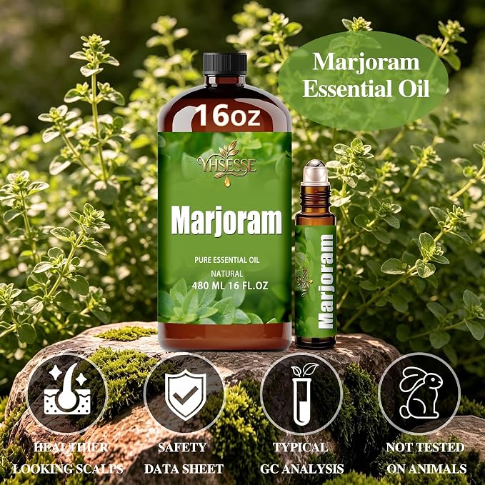 Marjoram Essential Oil, Marjoram Oil 16 Fl Oz 480ml for Diffuser Yoga Soap & Candle Making – with 0.33 Oz Roller Ball & Funnel YHSESSE Essential Oils