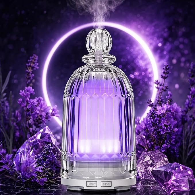 Glass Essential Oil Diffuser, Aroma Diffusers with Glass Cover & Plastic Reservoir Small Humidifiers with 7 Color LED Lights Auto-Off for Home Office Bedroom Yoga 120ml(White Bottom)