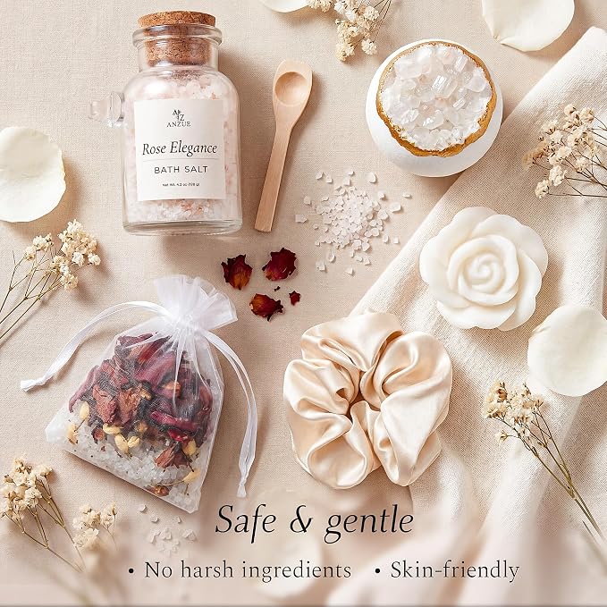 Luxury Rose Spa Gift Set for Women, Home Spa Kit with Candle, Bath Salt and Body Scrub, Self Care Kit is Elegant Gift for Mom, Wife or Girlfriend