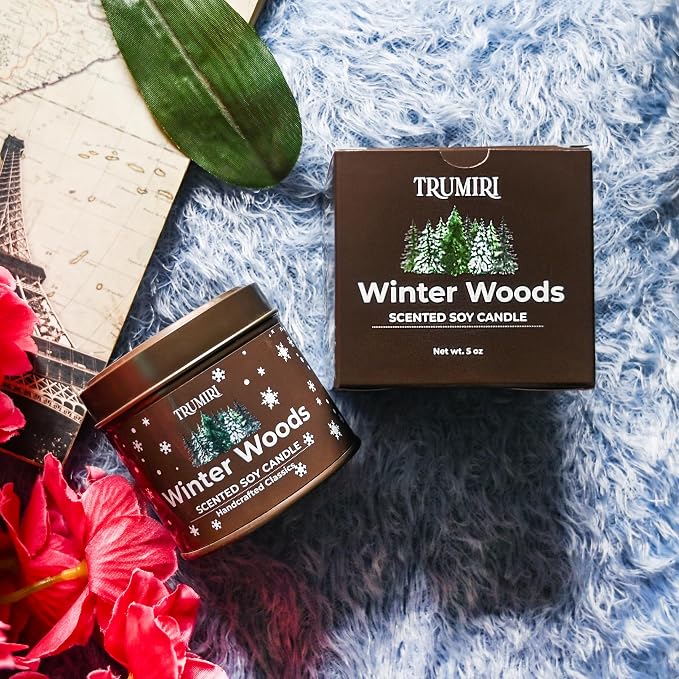 Winter Woods - Soy Candles for Home Scented - for Fall Christmas Holidays - 5oz Natural Clean Non Toxic - Long Lasting Highly Scented Pet Safe Luxury Tin - Velas Aromáticas Para el Hogar - Pine Candel