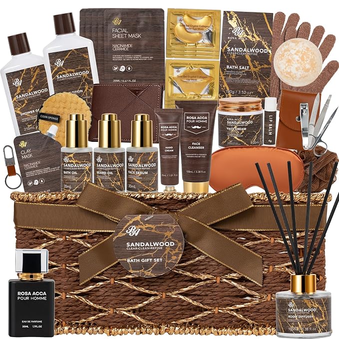 36 Pcs Sandalwood Bath & Body Gift Basket for Men, Father's Day Gifts, Beard Grooming Set, Face Skin Care Kit, Men Home Spa Gift Basket, Bath Bomb, Birthday, Valentines, Christmas, Dad, Anniversary