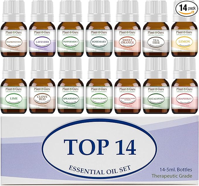 Essential Oil Set 14-5 ml Therapeutic Grade 100% Pure Frankincense, Lavender, Peppermint, Rosemary, Orange, Tea Tree, Eucalyptus, Grapefruit, Lemon, Lime, Clove, Spearmint, Lemongrass, Cinnamon