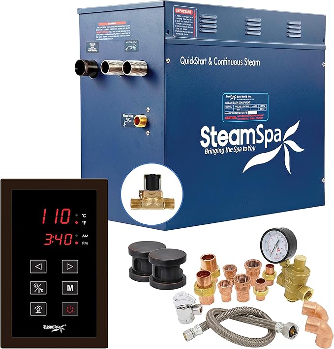10.5kW Steam Sauna Generator Premium Bundle 240V Steam Generator with Touch Pad Control, Steamheads, Pressure Relief Valve, Built-in Auto Drain and Plumber Quick Install Kit PRT1050OB-A