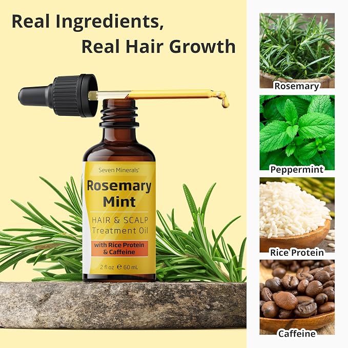 Seven Minerals, NEW Rosemary Oil for Hair Growth, Infused with Rice Protein, Caffeine, Mint and Natural Hair Strengthening Oils, Naturally Thicker, Longer, Softer Hair for Men & Women (2 fl oz)