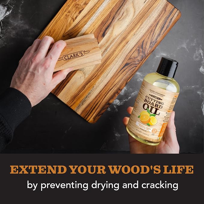 CLARK'S Cutting Board Oil - Food Grade Mineral Oil for Cutting Board - Enriched with Lemon and Orange Oils - Butcher Block Oil and Conditioner - Mineral Oil - Restores and Protects All Wood - 12oz