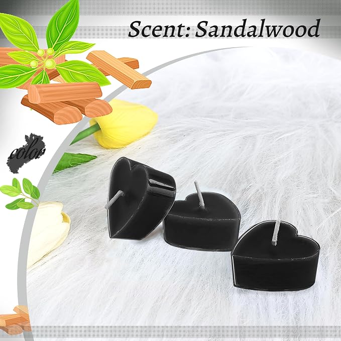 Smoked Sandalwood Scented Heart Tealight Candles, Black Scent Tea Lights Candles Clear Cup, 24 Pack Colored Tealights Candle, 4 Hour Burn Time Tea Candles for Weddings Romantic Decor