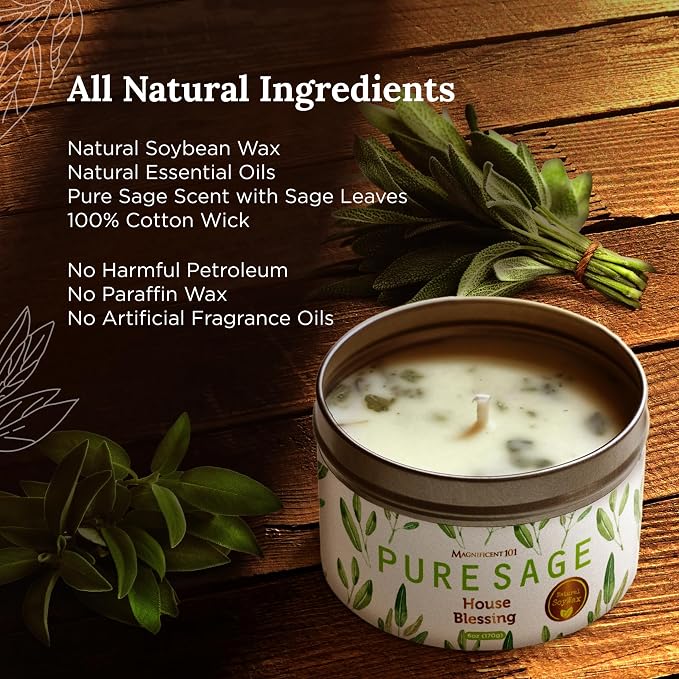 Magnificent 101 Long-Lasting Pure Sage Smudge Candle | 6 Oz - 35-Hour Burn | Essential Oils, 100% Natural Ingredients | Smoke Free, Petroleum Free Candle to Cleanse Your Home