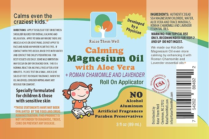 Magnesium Oil Calming Roll-On for Kids with Aloe Vera, Roman Chamomile & Lavender, Natural Relaxation Support for Anxiety, Nervousness & Hyperactivity, Gentle Formula for Daily Use, 3 fl oz