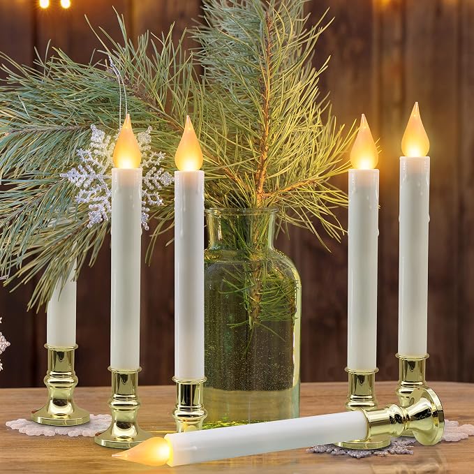 FURORA LIGHTING White Taper Candles with Gold Holders, Pack of 6-9.9" Flameless LED, 5/19 Auto Timer, Batteries Included - Wedding, Dinner & Home Decor