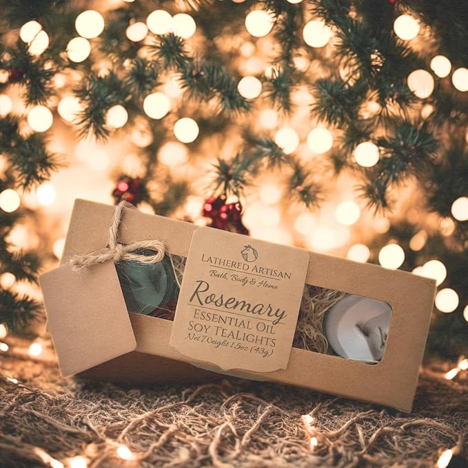 Rosemary Scented Essential Oil Tealight Candle Gift Set of 3, Hand Crafted Soy Wax Candles Wooden Wick Dried Flowers, 12 Hour Burn Time, Natural Aromatherapy Glass Cup Tea Lights by Lathered Artisan