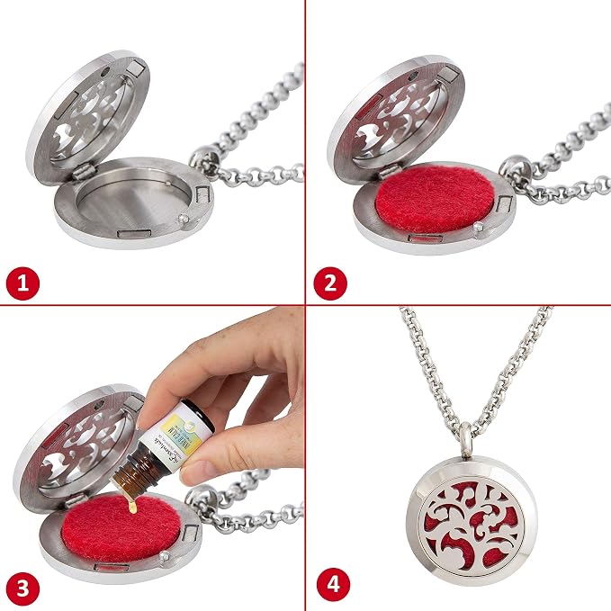 Wild Essentials Arbol Tree of Life Essential Oil Diffuser Necklace, Stainless Steel Locket Pendant with 24 inch Chain, 12 Color Refill Pads, Customizable Color Changing Perfume Jewelry, Aromatherapy
