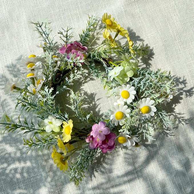 Daisy Candle Ring 2 Pcs 3'' (Inner) 6'' (Outer) Diameter Floral Spring Wreath with Artificial Daisy - Ideal Easter Candle Holders Easter Centerpieces for Tables