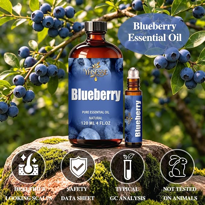 Blueberry Essential Oil, Blueberry Oil 4 Fl Oz 120ml for Diffuser Yoga Soap & Candle Making – with 0.33 Oz Roller Ball & Dropper YHSESSE Essential Oils