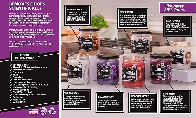 Vanilla Bean Odor Eliminating Highly Fragranced Candle - Eliminates 95% of Pet, Smoke, Food, and Other Smells Quickly - Up to 80 Hour Burn time - 12 Ounce Premium Soy Blend