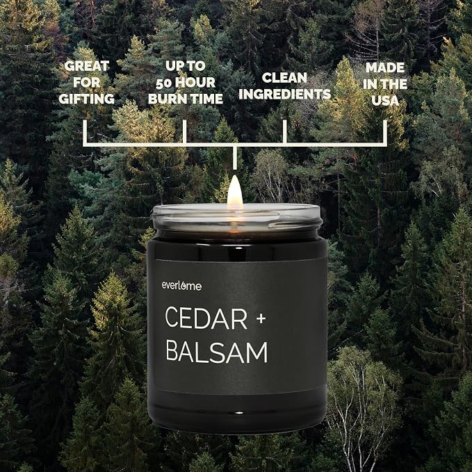 Premium Soy Wax Candle | Highly Scented Black Glass Jar Candles | Long Lasting, Clean Burn | 8 oz | Gifts for Man and Woman | Made in USA (Cedar + Balsam)