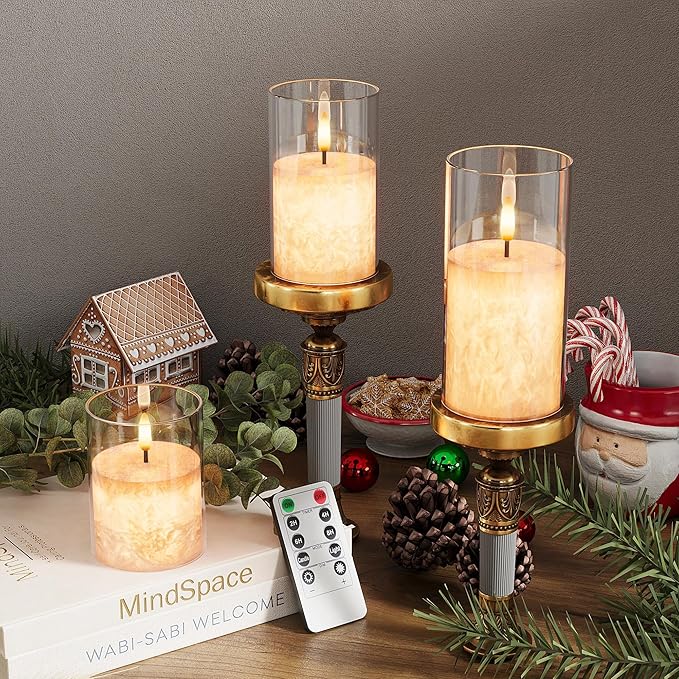 VIODAIM Ice Crystal Real Wax Glass Flameless Candles with Remote & Timer, Battery Operated Candles with Warm Flickering Flame, Realistic LED Candle for Wedding Home Decor [D3×H4/5"/6"] Clear, 3Pack