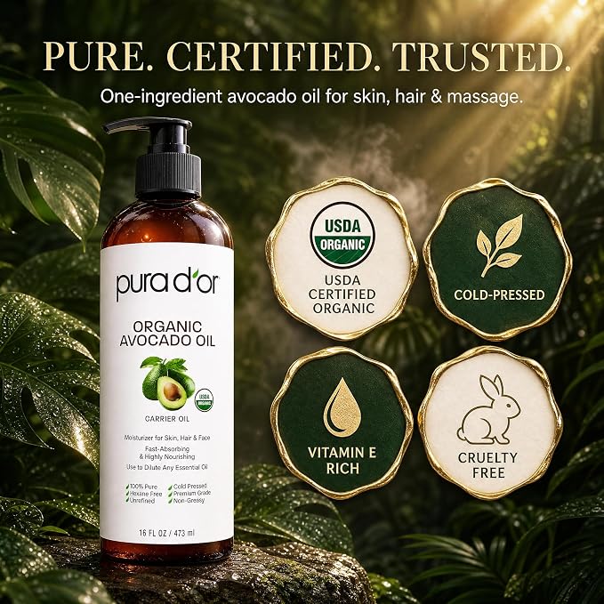 PURA D'OR ORGANIC Avocado Oil (16 Oz) 100% Pure & Natural USDA Certified Cold Pressed