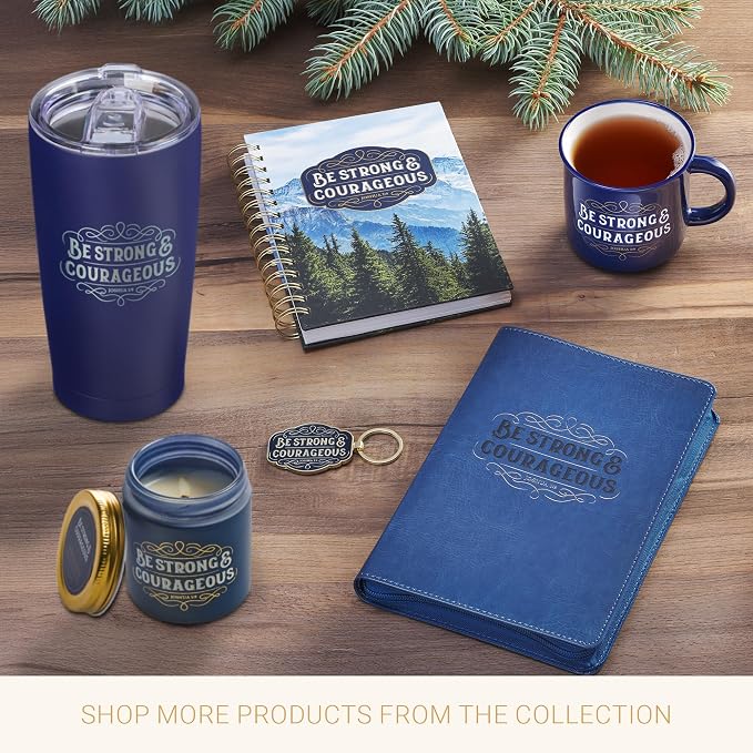 Christian Art Gifts Soy Wax Scented Candle: Strong & Courageous Bible Verse, Fireside Blue Spruce Scent, Pure Essential Oils, 4.5oz, Up to 20 Hours Burn Time, Glass Jar w/Metal Lid, Encouragement Gift