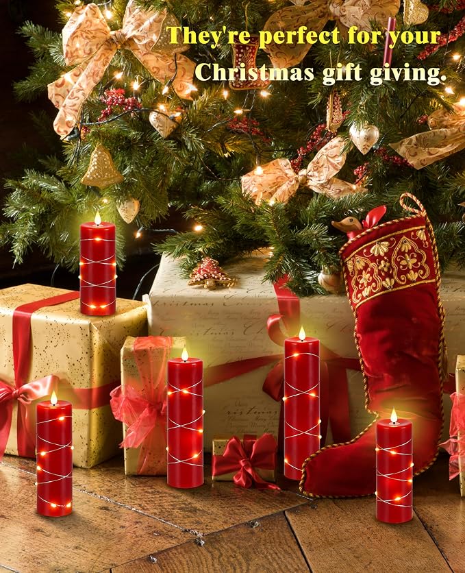 Upinmz Red Flameless Candle with Remote Control and Timer,Flickering Battery Operated Candles with String Lights,LED Pillar Candles,Set of 5