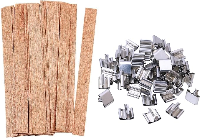 100 pcs Wooden Candle Wicks kit, Include 50 Pcs 5.1 X 0.5 Inch Candle Making Wicks and 50 Pcs Iron Stand Naturally Smokeless Wooden Candle Wicks Candle Cores for DIY Candle Making