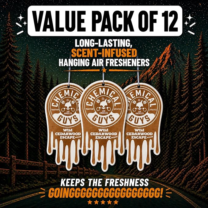 Chemical Guys Hanging Car Air Freshener 12-Pack, Wild Cedarwood Escape Warm, Woody & Earthy Cedarwood Fragrance, Rearview Mirror Paper Fresheners for Cars, Trucks, SUVs & Boats