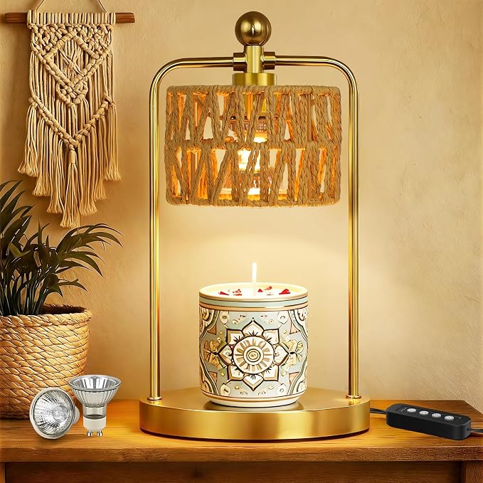 Candle Warmer Lamp with Timer Dimmer, Candle Warmer for Jar Candles Lights, Boho Candle Lamp Warmer with 2 Bulbs, Birthday Gifts for Women, House Warming Gifts New Home Decor, Gold