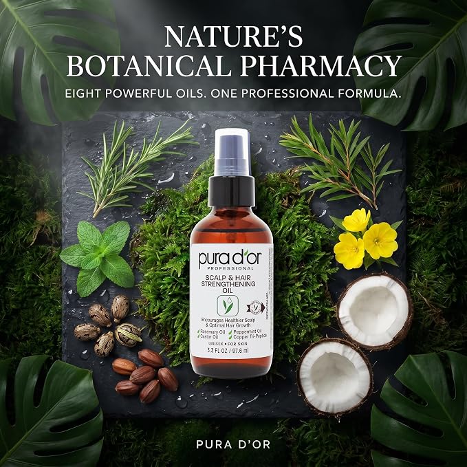 PURA D'OR Scalp & Hair Strengthening Oil Supports Optimal Growth, Reduce Breakage, Nourish Roots for Healthier, Fuller, Thicker Hair - Rosemary, Castor & Peppermint Oil: 3.3 Oz Hair Regrowth Tonic
