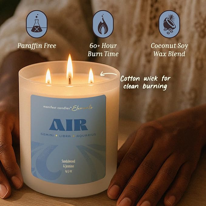 Large 14.5oz 3 Wick Zodiac Air Aquarius Gemini Libra Zodiac Gifts for Women - 60 Hour Burn - Astrology Gifts for Women, Healing Manifestation Spiritual Candles, Intention Meditation Candle