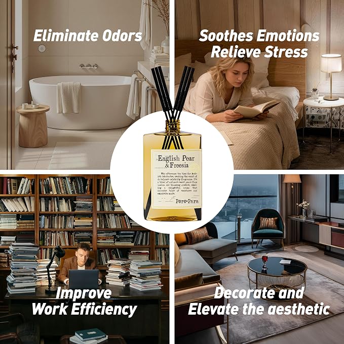 Luxury Hotel Scent Reed Diffuser Rifill 400ml (13.53oz) with 6 Reed Sticks | English Pear & Freesia Scent | Home, Bathroom & Office Decor | Long-Lasting Room Freshener | Premium Gift Set