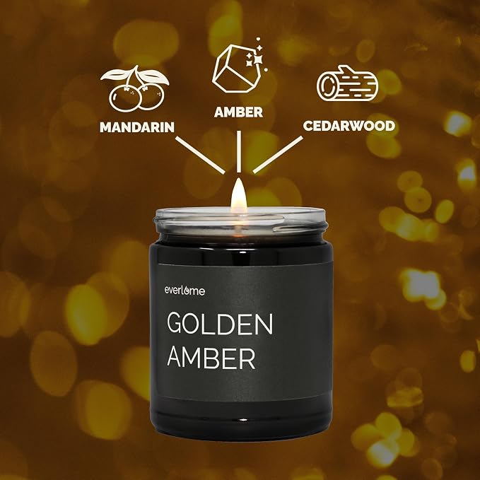 Premium Soy Wax Candle | Highly Scented Black Glass Jar Candles | Long Lasting, Clean Burn | 8 oz | Gifts for Man and Woman | Made in USA (Golden Amber)