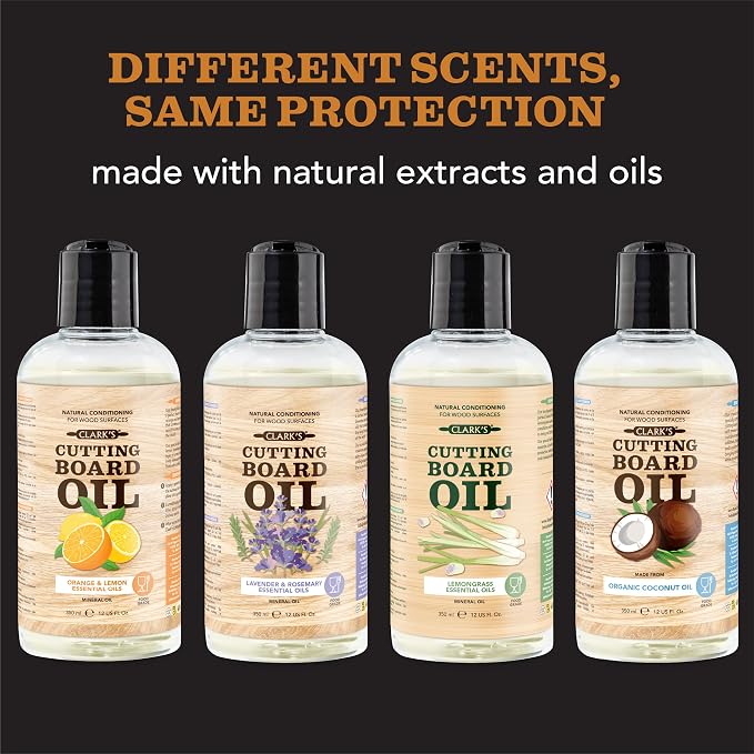 CLARK'S Cutting Board Oil - Food Grade Mineral Oil for Cutting Board - Enriched with Lemon and Orange Oils - Butcher Block Oil and Conditioner - Mineral Oil - Restores and Protects All Wood - 12oz