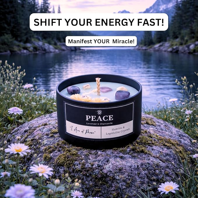 Peace Crystal Candle for Meditation and Room Decor, 8oz, Infused with Howlite & Lepidolite Crystals, Lavender & Chamomile Essential Oil Scented Candles, Non Toxic Soy Wax Blend for Stress Relief