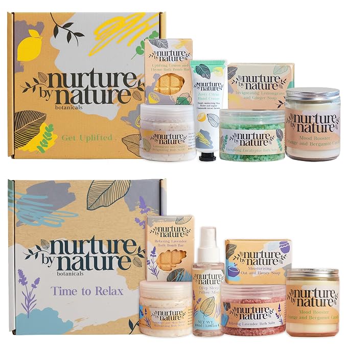 Nurture by Nature Spa Gift Set for Women Bundle - Relaxing and Uplifting Self Care Gift Set Duo with Hand Cream, Scented Candle, Bath Bombs, Bath & Body Gift Set, Mothers Day Gift, Gift for Mom